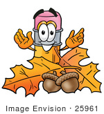 #25961 Clip Art Graphic Of A Yellow Number 2 Pencil With An Eraser Cartoon Character With Autumn Leaves And Acorns In The Fall