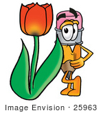#25963 Clip Art Graphic Of A Yellow Number 2 Pencil With An Eraser Cartoon Character With A Red Tulip Flower In The Spring
