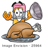 #25964 Clip Art Graphic Of A Yellow Number 2 Pencil With An Eraser Cartoon Character Serving A Thanksgiving Turkey On A Platter