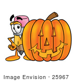 #25967 Clip Art Graphic Of A Yellow Number 2 Pencil With An Eraser Cartoon Character With A Carved Halloween Pumpkin