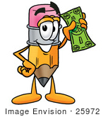 #25972 Clip Art Graphic Of A Yellow Number 2 Pencil With An Eraser Cartoon Character Holding A Dollar Bill