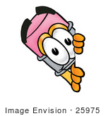 #25975 Clip Art Graphic Of A Yellow Number 2 Pencil With An Eraser Cartoon Character Peeking Around A Corner