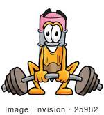 #25982 Clip Art Graphic Of A Yellow Number 2 Pencil With An Eraser Cartoon Character Lifting A Heavy Barbell