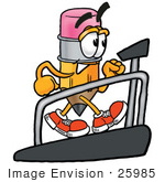 #25985 Clip Art Graphic Of A Yellow Number 2 Pencil With An Eraser Cartoon Character Walking On A Treadmill In A Fitness Gym
