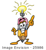 #25986 Clip Art Graphic Of A Yellow Number 2 Pencil With An Eraser Cartoon Character With A Bright Idea