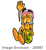 #25987 Clip Art Graphic Of A Yellow Number 2 Pencil With An Eraser Cartoon Character Plugging His Nose While Jumping Into Water
