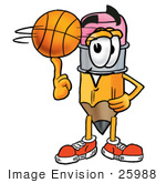 #25988 Clip Art Graphic Of A Yellow Number 2 Pencil With An Eraser Cartoon Character Spinning A Basketball On His Finger