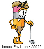 #25992 Clip Art Graphic Of A Yellow Number 2 Pencil With An Eraser Cartoon Character Leaning On A Golf Club While Golfing