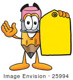 #25994 Clip Art Graphic Of A Yellow Number 2 Pencil With An Eraser Cartoon Character Holding A Yellow Sales Price Tag