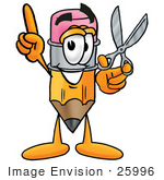 #25996 Clip Art Graphic Of A Yellow Number 2 Pencil With An Eraser Cartoon Character Holding A Pair Of Scissors
