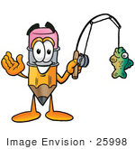#25998 Clip Art Graphic Of A Yellow Number 2 Pencil With An Eraser Cartoon Character Holding A Fish On A Fishing Pole