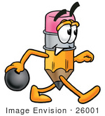 #26001 Clip Art Graphic Of A Yellow Number 2 Pencil With An Eraser Cartoon Character Holding A Bowling Ball