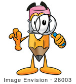 #26003 Clip Art Graphic Of A Yellow Number 2 Pencil With An Eraser Cartoon Character Looking Through A Magnifying Glass