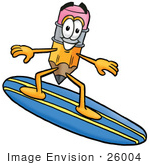 #26004 Clip Art Graphic Of A Yellow Number 2 Pencil With An Eraser Cartoon Character Surfing On A Blue And Yellow Surfboard