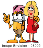 #26005 Clip Art Graphic Of A Yellow Number 2 Pencil With An Eraser Cartoon Character Talking To A Pretty Blond Woman