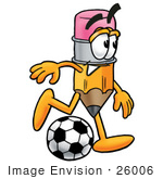 #26006 Clip Art Graphic Of A Yellow Number 2 Pencil With An Eraser Cartoon Character Kicking A Soccer Ball
