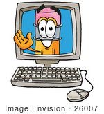 #26007 Clip Art Graphic Of A Yellow Number 2 Pencil With An Eraser Cartoon Character Waving From Inside A Computer Screen