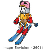 #26011 Clip Art Graphic Of A Yellow Number 2 Pencil With An Eraser Cartoon Character Skiing Downhill