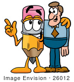 #26012 Clip Art Graphic Of A Yellow Number 2 Pencil With An Eraser Cartoon Character Talking To A Business Man