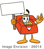 #26014 Clip Art Graphic Of A Red Landline Telephone Cartoon Character Holding A Blank Sign