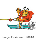 #26016 Clip Art Graphic Of A Red Landline Telephone Cartoon Character Waving While Water Skiing