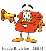 #26018 Clip Art Graphic Of A Red Landline Telephone Cartoon Character Holding A Megaphone
