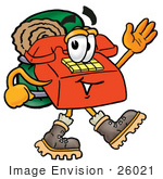 #26021 Clip Art Graphic Of A Red Landline Telephone Cartoon Character Hiking And Carrying A Backpack