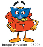 #26024 Clip Art Graphic Of A Red Landline Telephone Cartoon Character Wearing A Blue Mask Over His Face