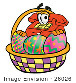 #26026 Clip Art Graphic Of A Red Landline Telephone Cartoon Character In An Easter Basket Full Of Decorated Easter Eggs