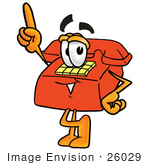 #26029 Clip Art Graphic Of A Red Landline Telephone Cartoon Character Pointing Upwards
