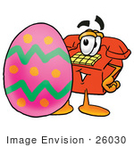 #26030 Clip Art Graphic Of A Red Landline Telephone Cartoon Character Standing Beside An Easter Egg