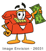 #26031 Clip Art Graphic Of A Red Landline Telephone Cartoon Character Holding A Dollar Bill