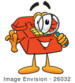 #26032 Clip Art Graphic Of A Red Landline Telephone Cartoon Character Looking Through A Magnifying Glass