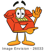 #26033 Clip Art Graphic Of A Red Landline Telephone Cartoon Character Waving And Pointing