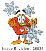 #26034 Clip Art Graphic Of A Red Landline Telephone Cartoon Character With Three Snowflakes In Winter