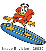 #26035 Clip Art Graphic Of A Red Landline Telephone Cartoon Character Surfing On A Blue And Yellow Surfboard