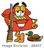 #26037 Clip Art Graphic Of A Red Landline Telephone Cartoon Character Duck Hunting Standing With A Rifle And Duck