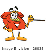 #26038 Clip Art Graphic Of A Red Landline Telephone Cartoon Character Holding A Pointer Stick