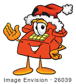 #26039 Clip Art Graphic Of A Red Landline Telephone Cartoon Character Wearing A Santa Hat And Waving