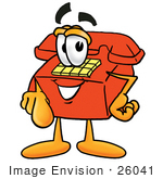 #26041 Clip Art Graphic Of A Red Landline Telephone Cartoon Character Pointing At The Viewer