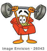 #26043 Clip Art Graphic Of A Red Landline Telephone Cartoon Character Holding A Heavy Barbell Above His Head