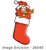#26045 Clip Art Graphic Of A Red Landline Telephone Cartoon Character Wearing A Santa Hat Inside A Red Christmas Stocking