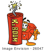 #26047 Clip Art Graphic Of A Red Landline Telephone Cartoon Character Standing With A Lit Stick Of Dynamite