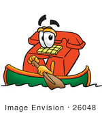 #26048 Clip Art Graphic Of A Red Landline Telephone Cartoon Character Rowing A Boat