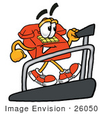 #26050 Clip Art Graphic Of A Red Landline Telephone Cartoon Character Walking On A Treadmill In A Fitness Gym