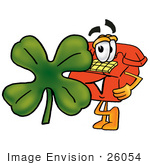#26054 Clip Art Graphic Of A Red Landline Telephone Cartoon Character With A Green Four Leaf Clover On St Paddy’S Or St Patricks Day