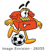 #26055 Clip Art Graphic Of A Red Landline Telephone Cartoon Character Kicking A Soccer Ball