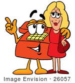 #26057 Clip Art Graphic Of A Red Landline Telephone Cartoon Character Talking To A Pretty Blond Woman