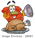 #26061 Clip Art Graphic Of A Red Landline Telephone Cartoon Character Serving A Thanksgiving Turkey On A Platter
