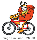 #26063 Clip Art Graphic Of A Red Landline Telephone Cartoon Character Riding A Bicycle